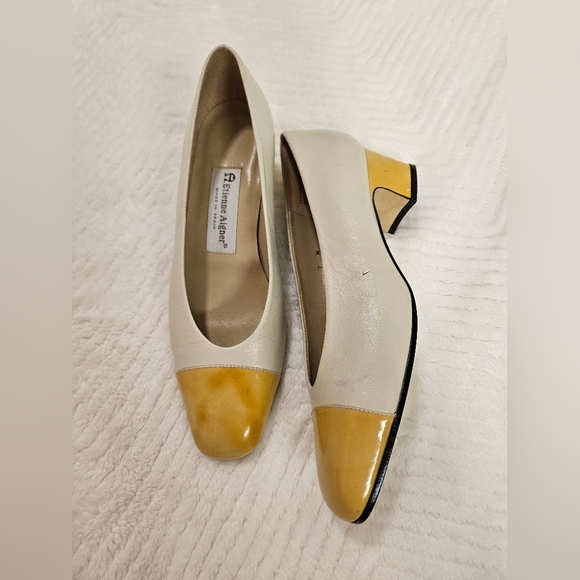 Vintage Etienne Aigner Leather Cap Toe Pump Shoes Heel  Yellow,Cream Size 7 - Picture 5 of 12